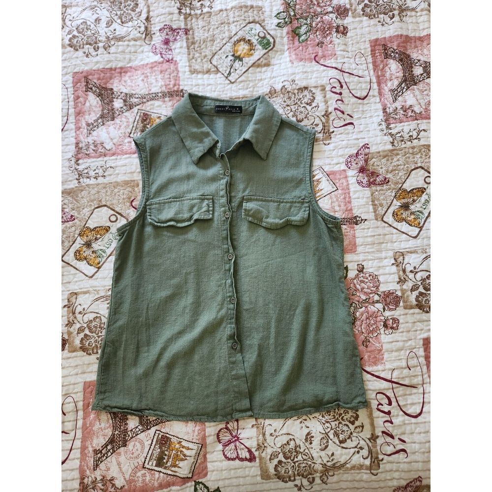 Emery‎ Rose Women's Sleeveless  Blouse Collared Neck Linen Green Size M